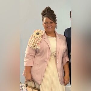 Entire outfit Pink Blazer with Floral Accent and matching skirt and Tank